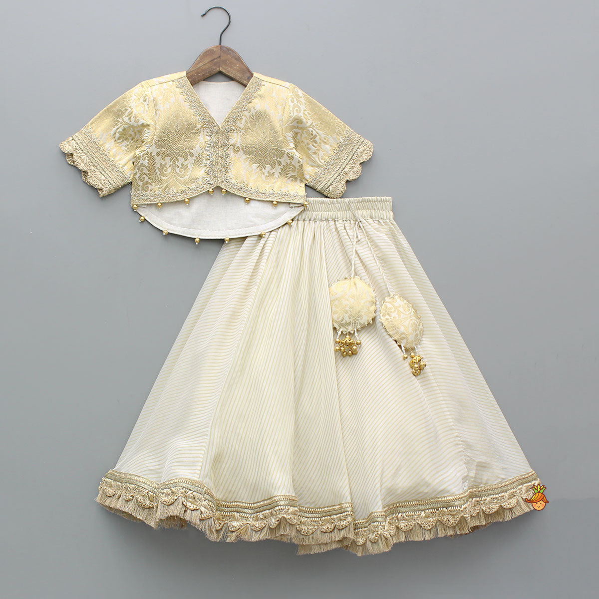 Pre Order: Brocade High-Low Top And Lehenga With Gota Lace Work Dupatta