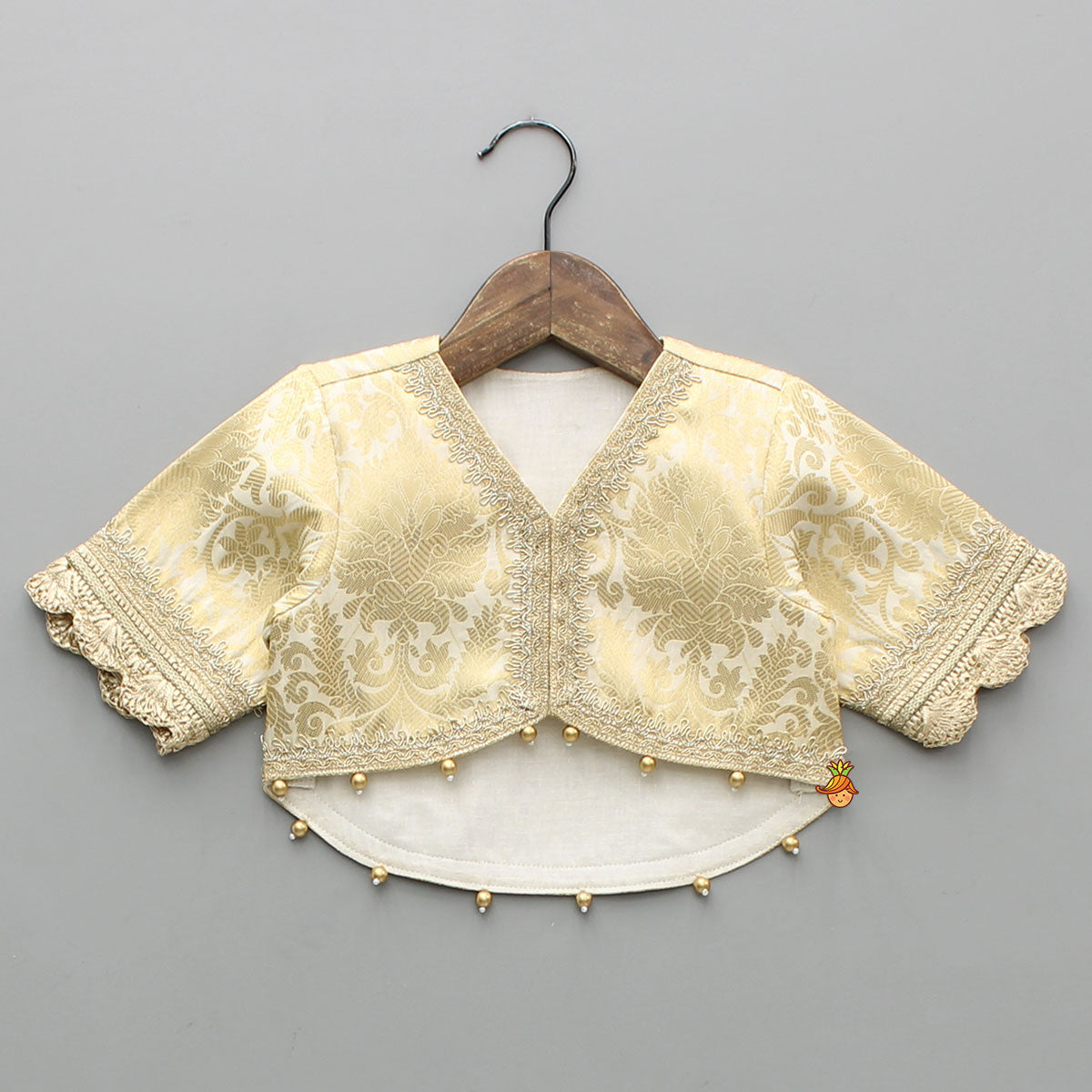 Pre Order: Brocade High-Low Top And Lehenga With Gota Lace Work Dupatta