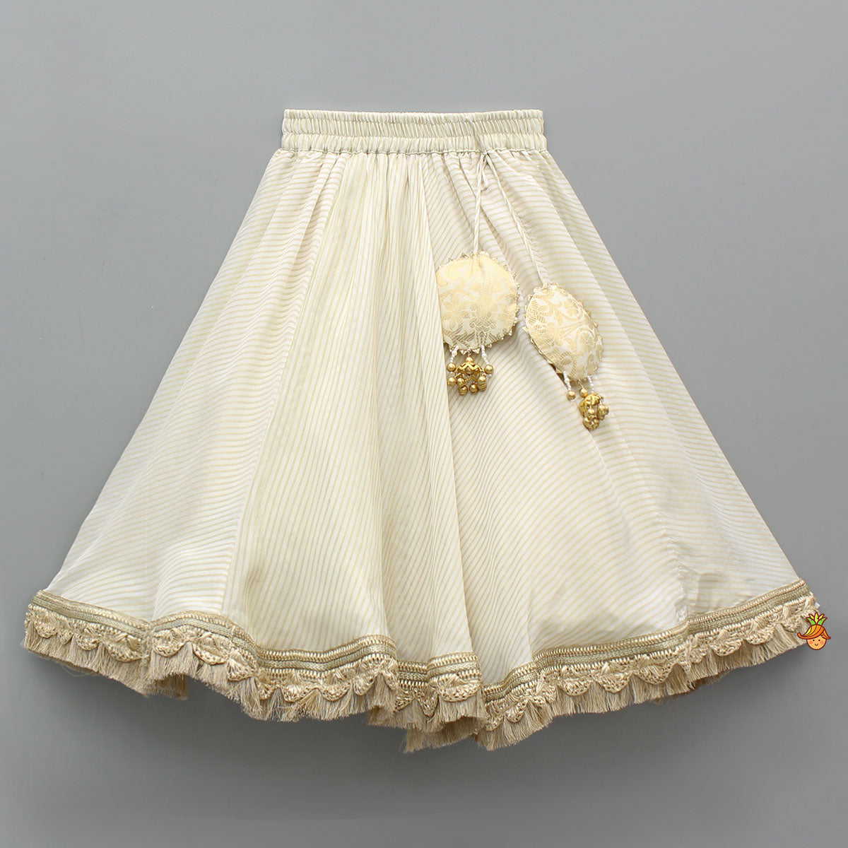 Pre Order: Brocade High-Low Top And Lehenga With Gota Lace Work Dupatta