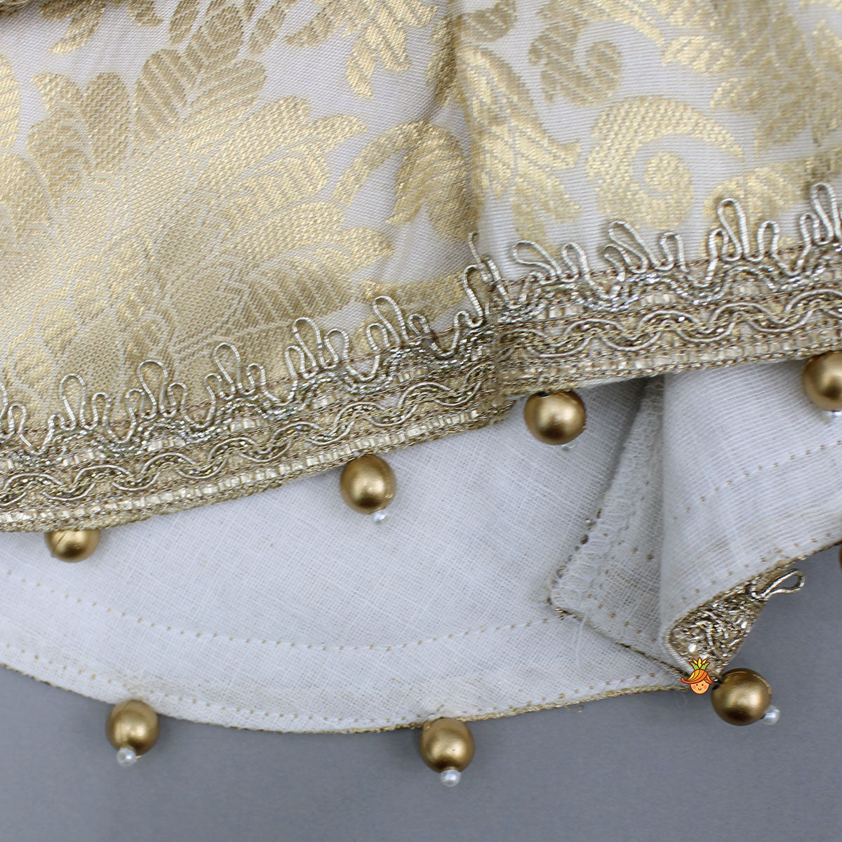 Pre Order: Brocade High-Low Top And Lehenga With Gota Lace Work Dupatta