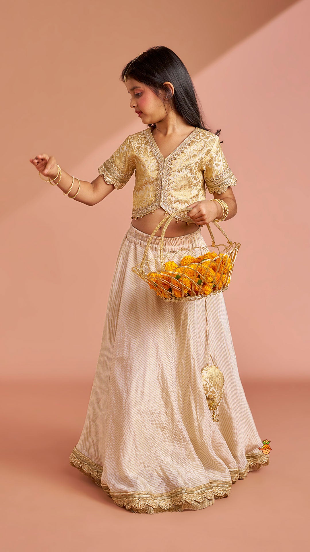 Pre Order: Brocade High-Low Top And Lehenga With Gota Lace Work Dupatta