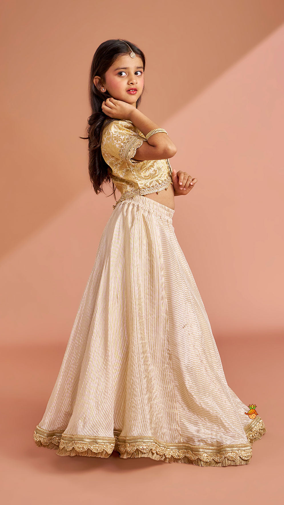 Pre Order: Brocade High-Low Top And Lehenga With Gota Lace Work Dupatta