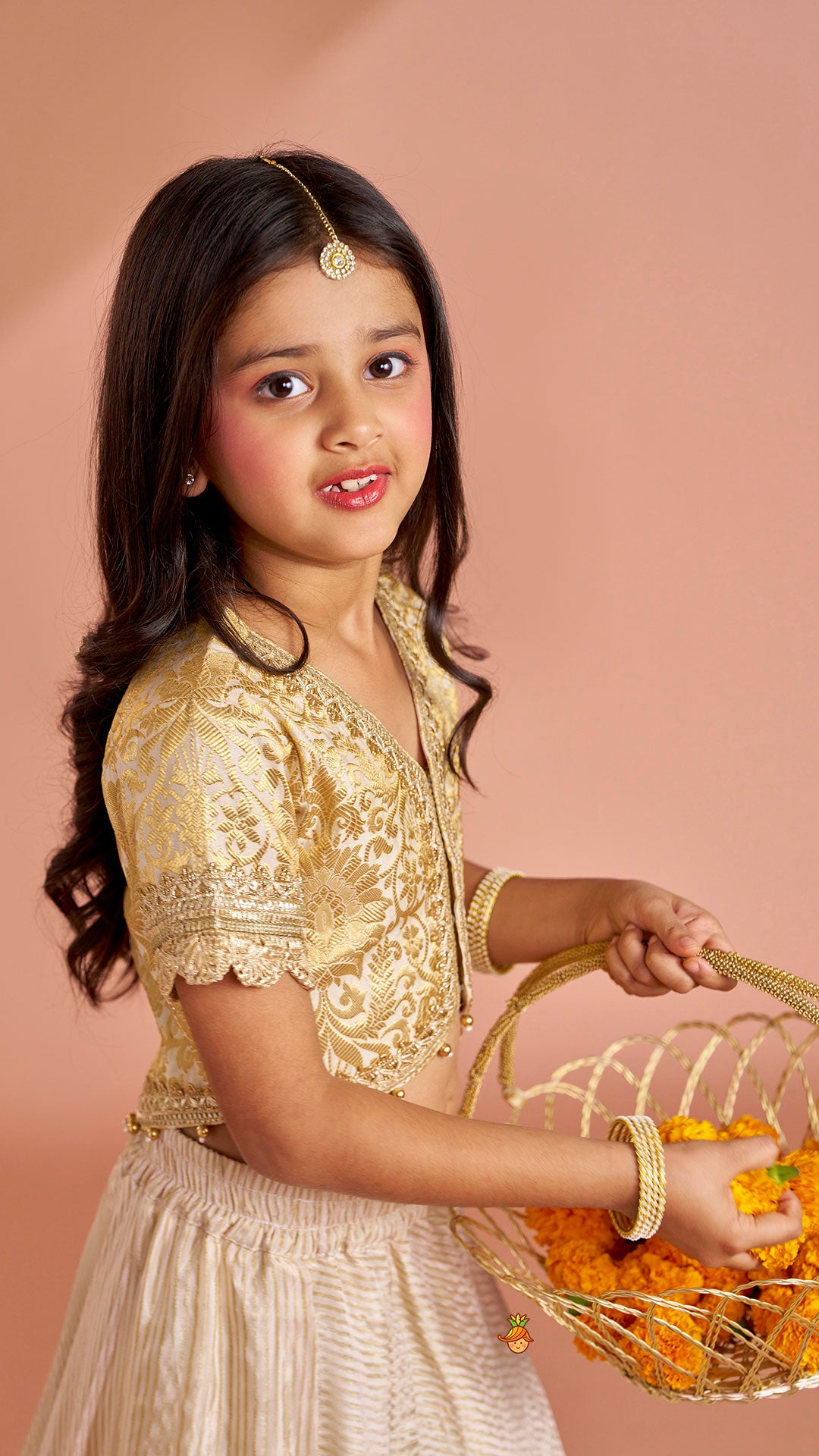 Pre Order: Brocade High-Low Top And Lehenga With Gota Lace Work Dupatta