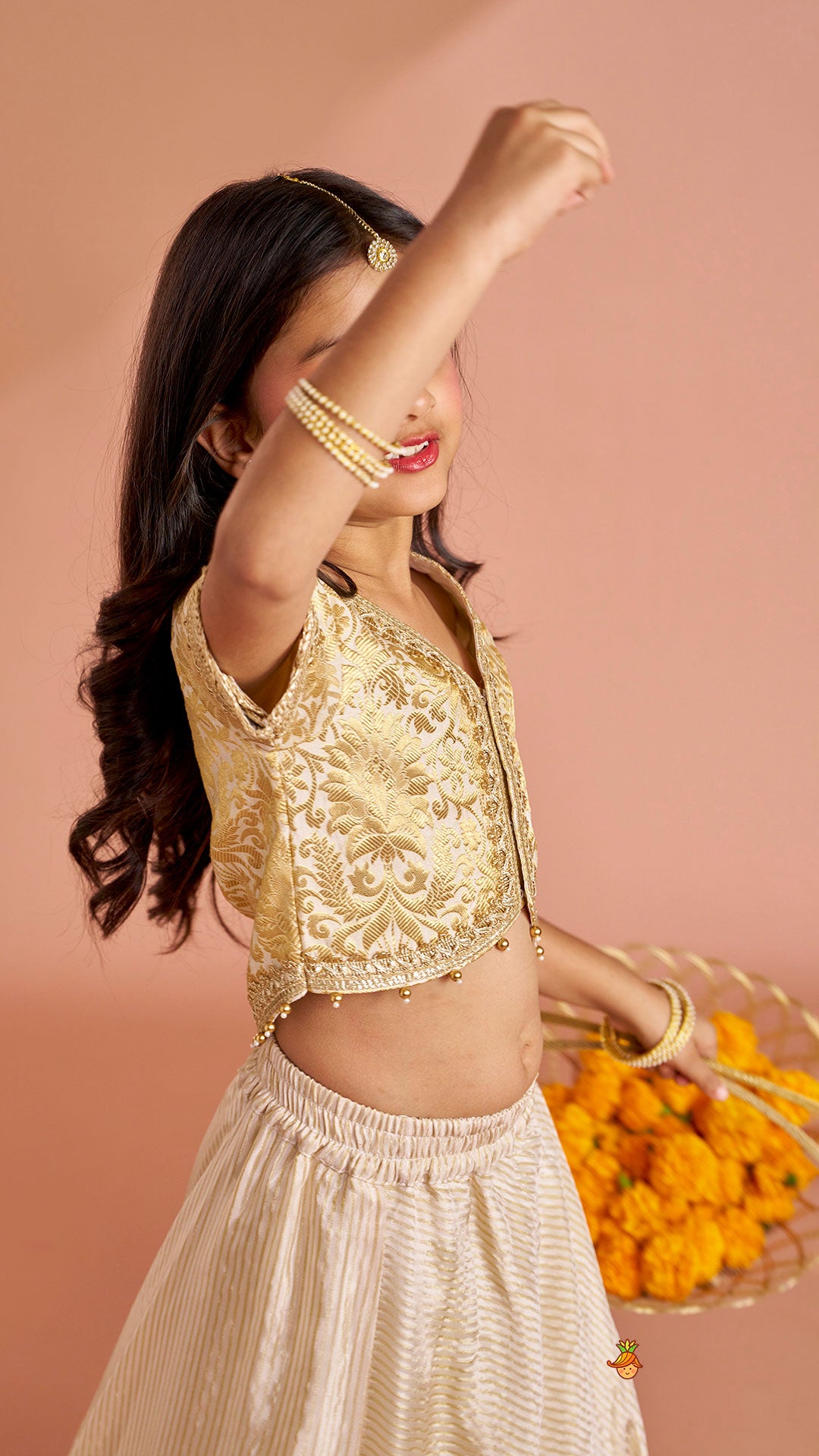 Pre Order: Brocade High-Low Top And Lehenga With Gota Lace Work Dupatta