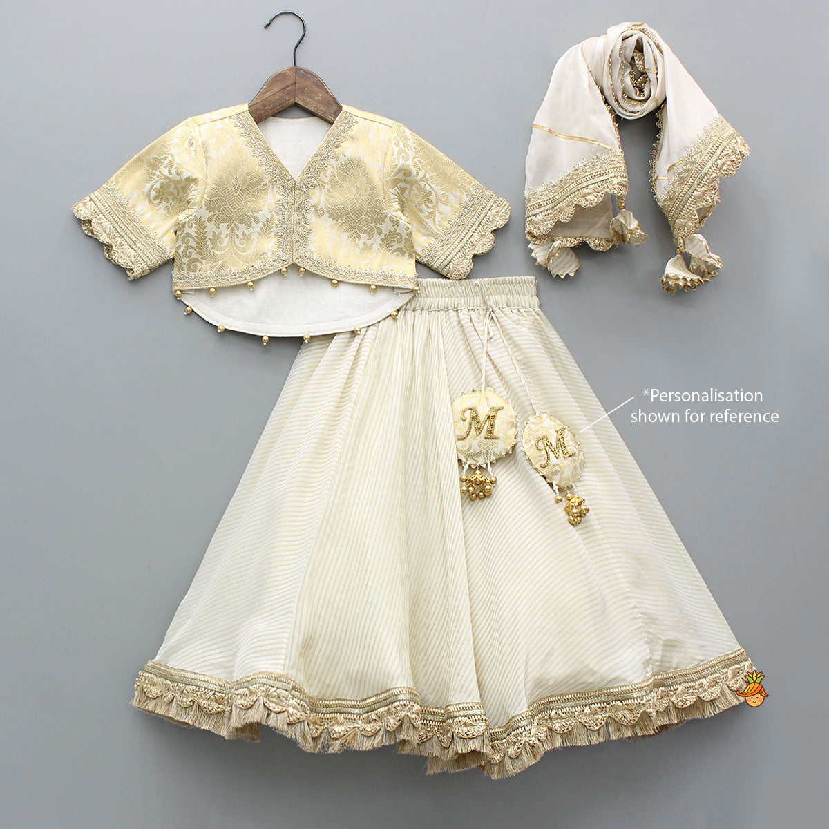 Pre Order: Brocade High-Low Top And Lehenga With Gota Lace Work Dupatta