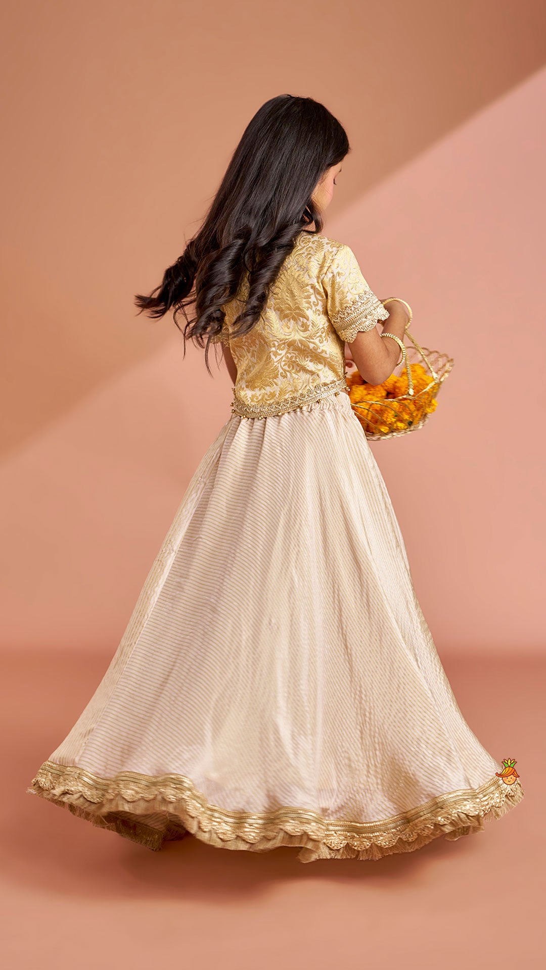 Pre Order: Brocade High-Low Top And Lehenga With Gota Lace Work Dupatta