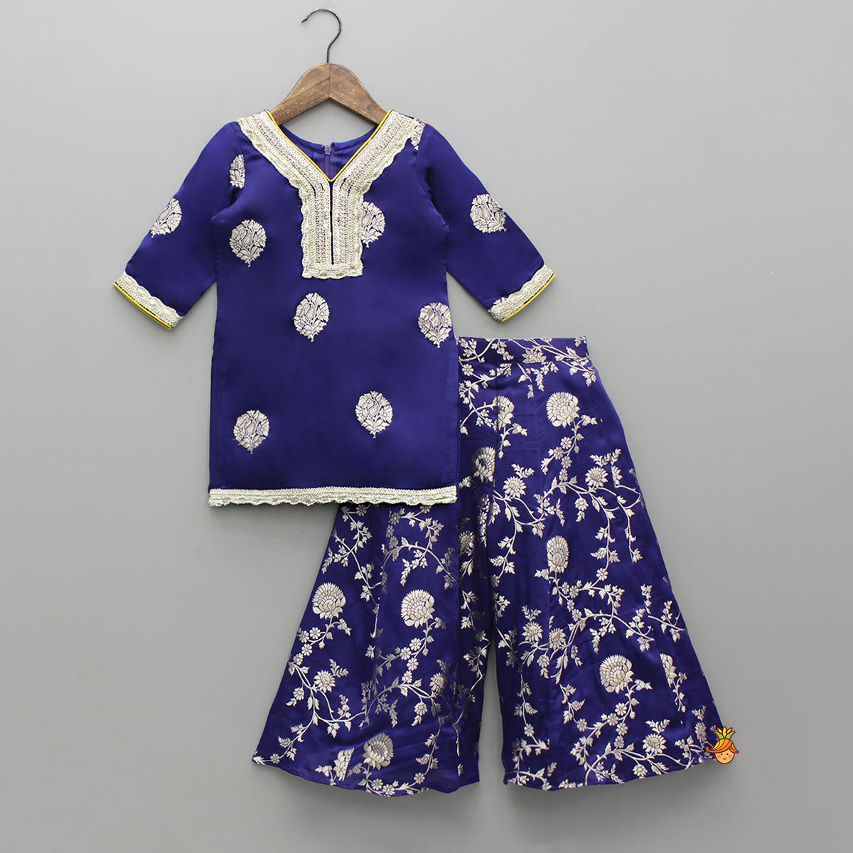 Pre Order: Beautiful Lace Adorned Kurti With Floral Palazzo And Dupatta