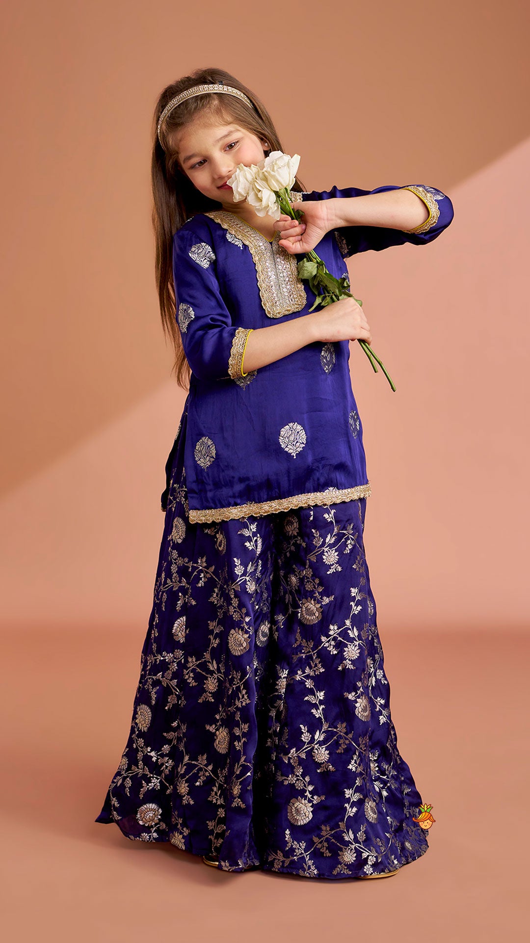 Pre Order: Beautiful Lace Adorned Kurti With Floral Palazzo And Dupatta