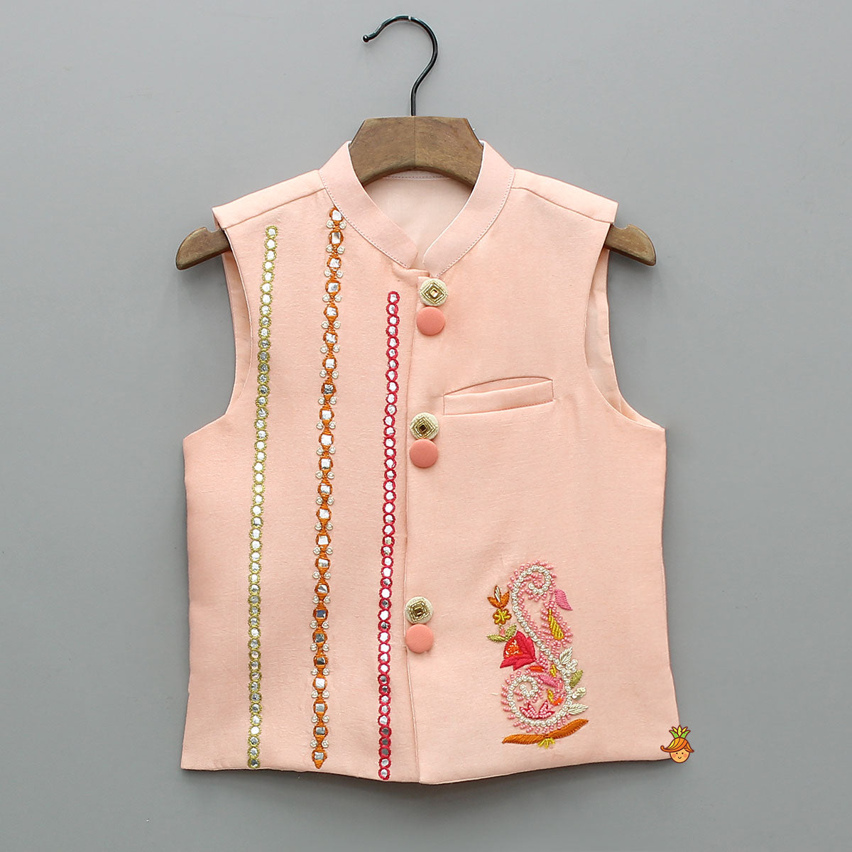 Pre Order: Floral Printed Kurta With Pocket-Detail Jacket And Pyjama