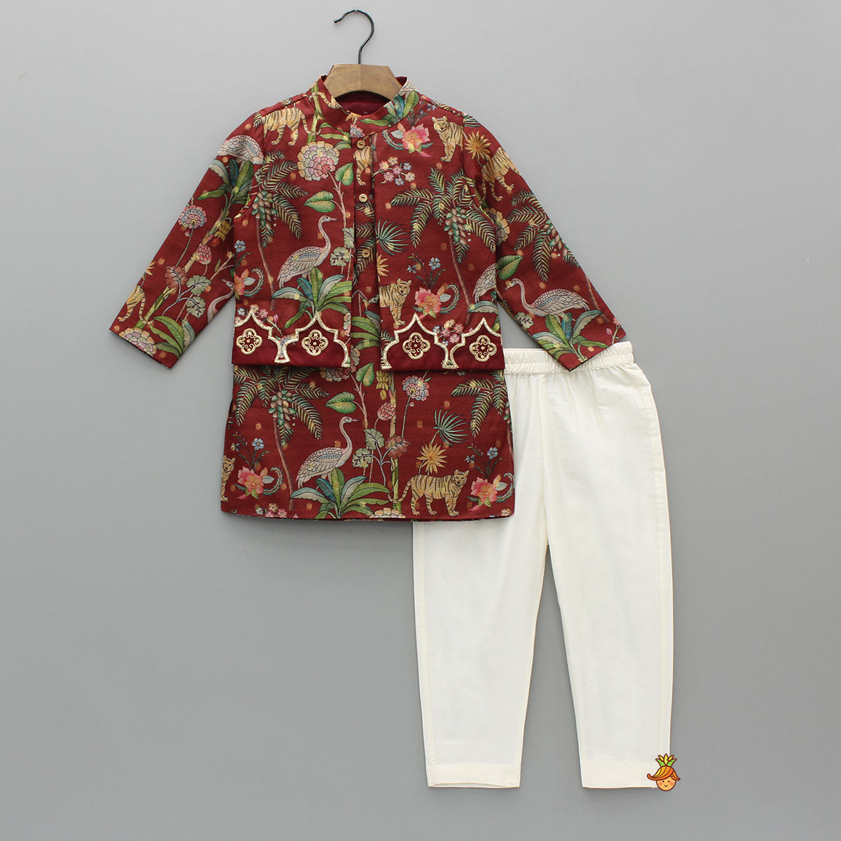 Pre Order: Jungle Printed Jacket Style Elegant Kurta With Pyjama