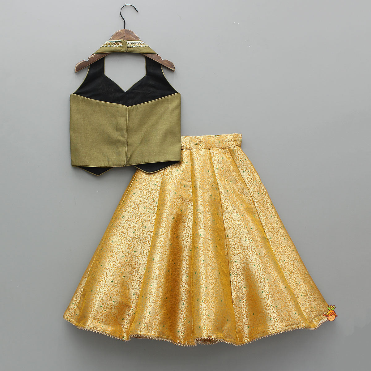 Pre Order: Halter Neck Paisley Embroidered Stylish Top With Brocade Lehenga