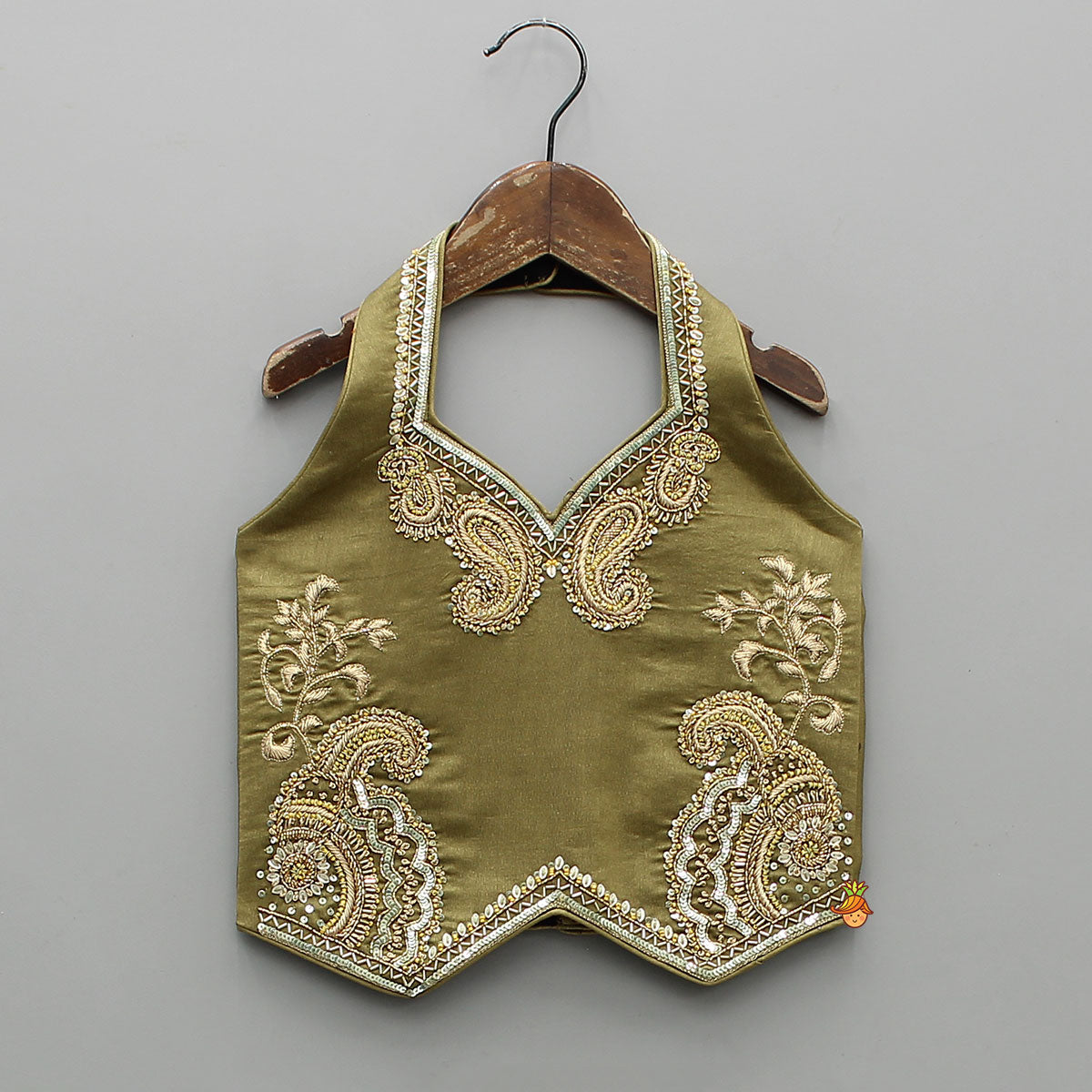 Pre Order: Halter Neck Paisley Embroidered Stylish Top With Brocade Lehenga