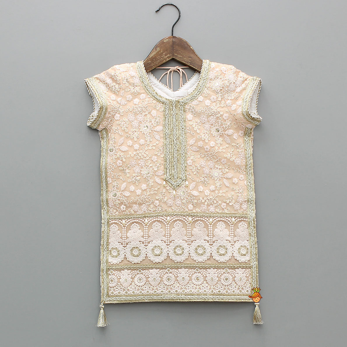 Pre Order: Exquisite Embroidered Lace Detailed Kurti With Palazzo And Dupatta
