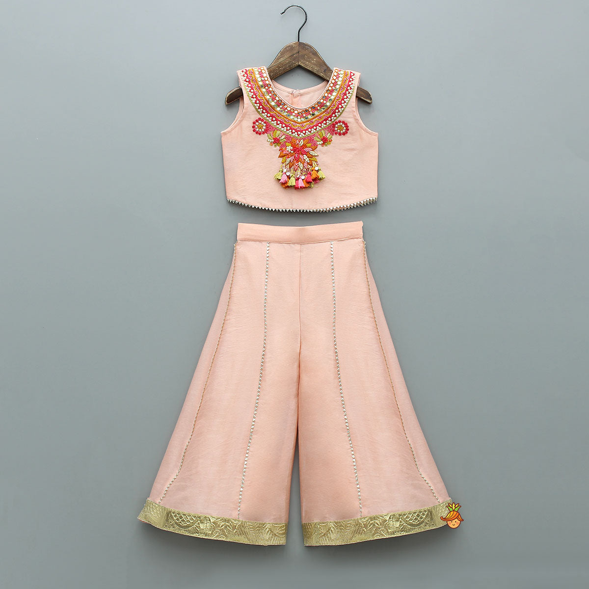 Pre Order: Faux Mirror Embellished Stylish Sleeveless Top With Palazzo And Potli Bag