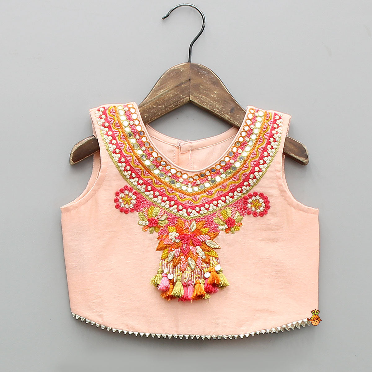Pre Order: Faux Mirror Embellished Stylish Sleeveless Top With Palazzo And Potli Bag