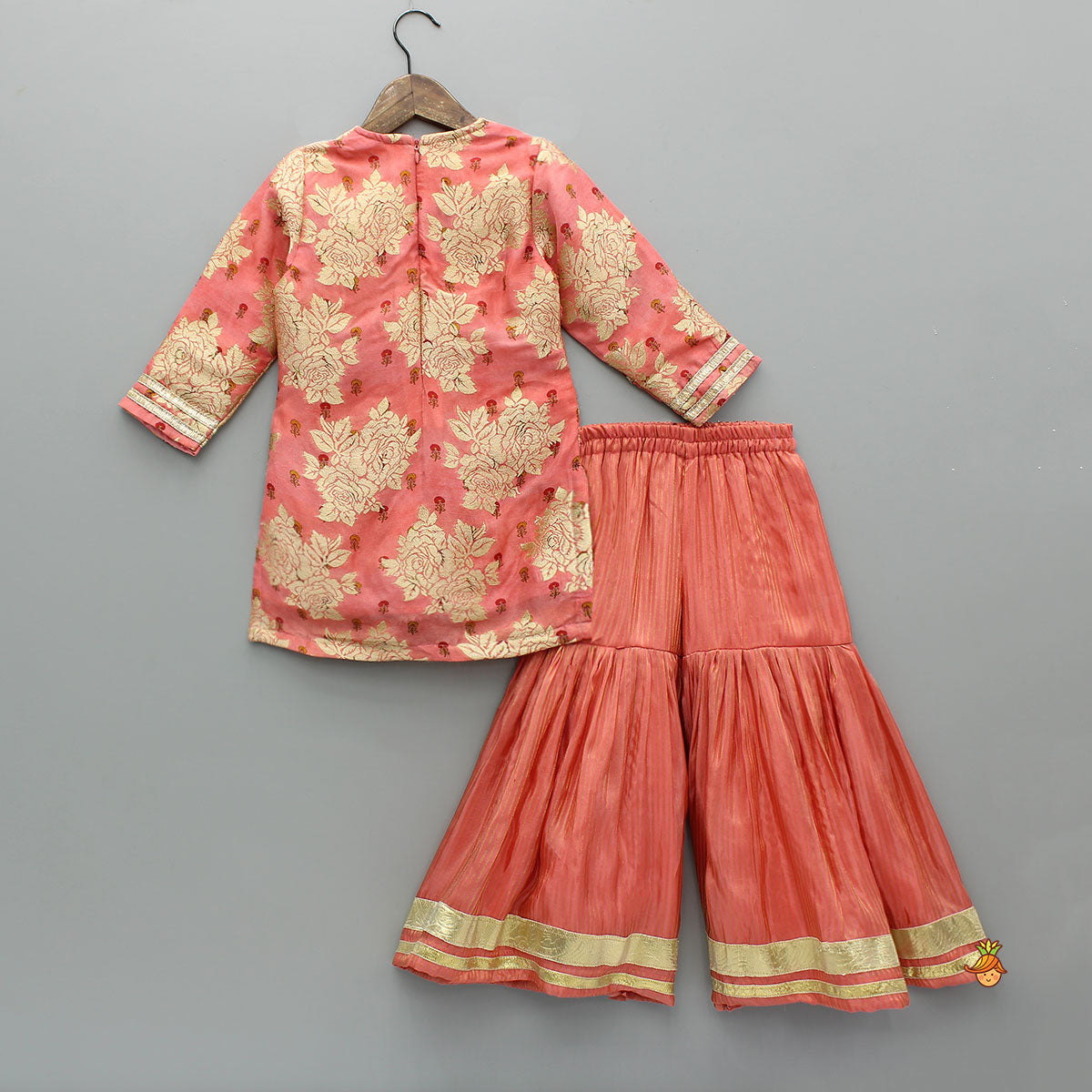 Pre Order: Potli Button-Detail Floral Brocade Kurti With Striped Sharara And Dupatta
