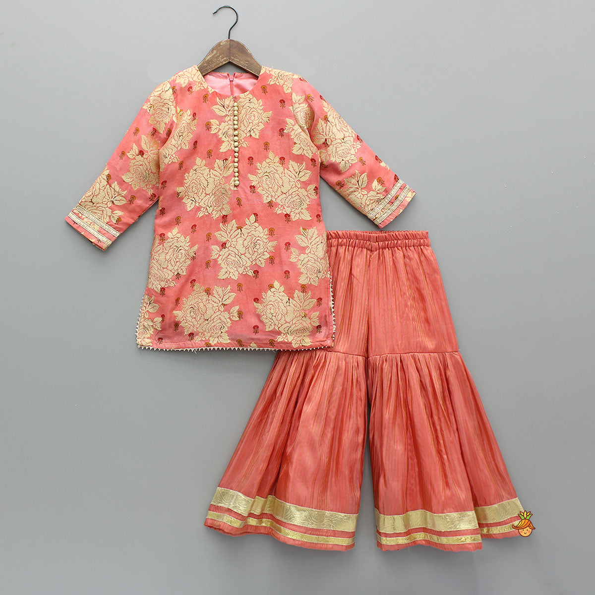Pre Order: Potli Button-Detail Floral Brocade Kurti With Striped Sharara And Dupatta