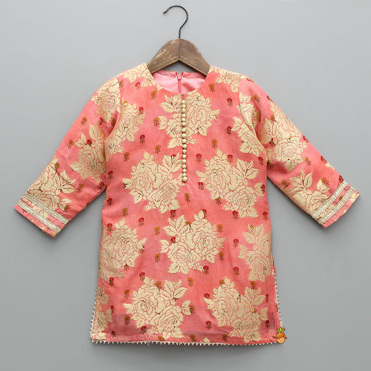 Pre Order: Potli Button-Detail Floral Brocade Kurti With Striped Sharara And Dupatta