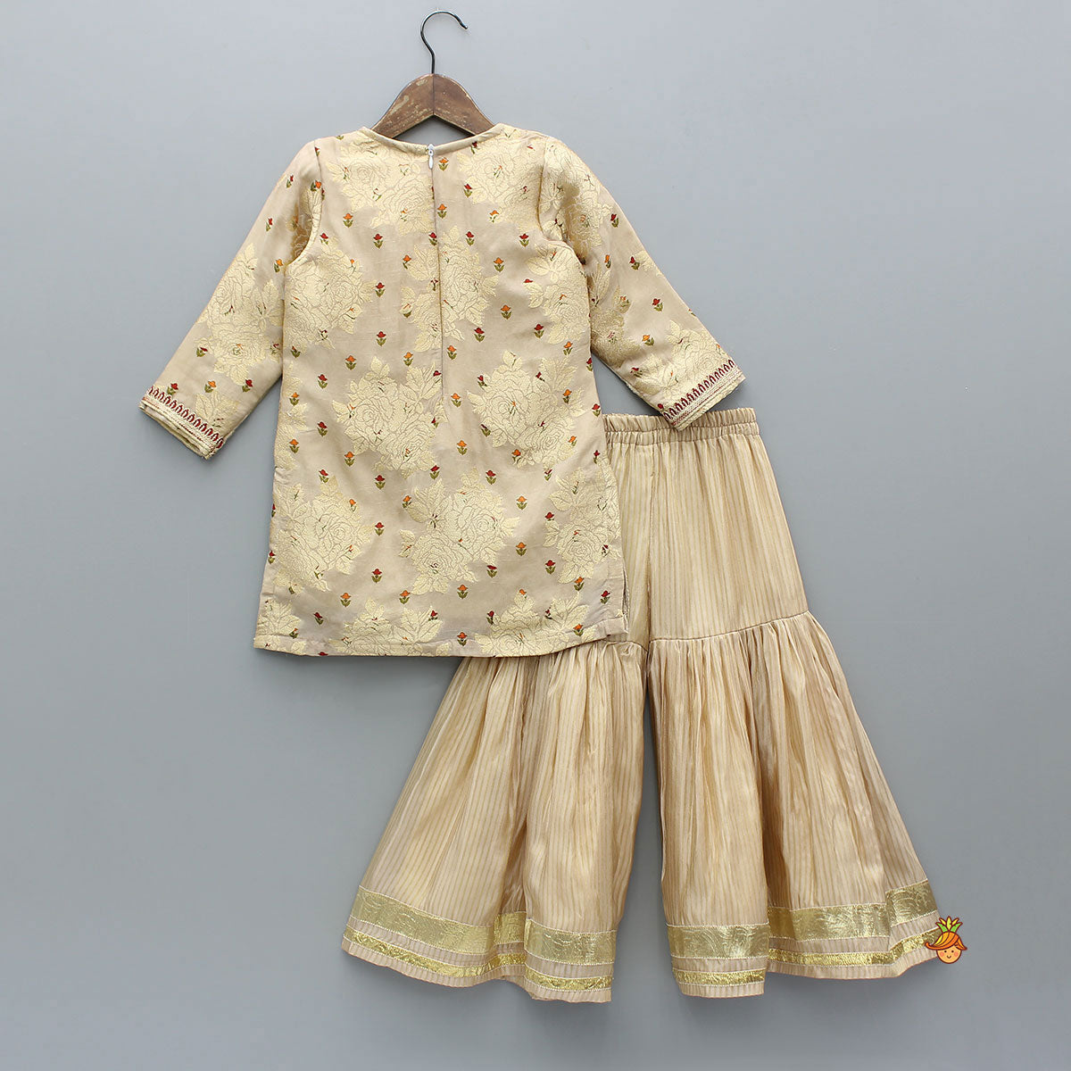 Pre Order: Potli Button-Detail Floral Brocade Gorgeous Kurti With Striped Sharara And Dupatta