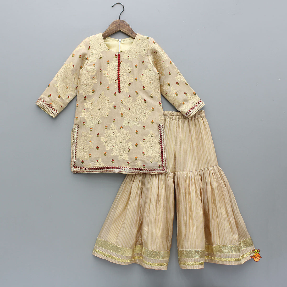 Pre Order: Potli Button-Detail Floral Brocade Gorgeous Kurti With Striped Sharara And Dupatta