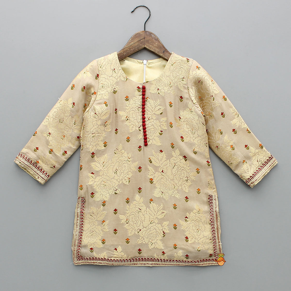 Pre Order: Potli Button-Detail Floral Brocade Gorgeous Kurti With Striped Sharara And Dupatta