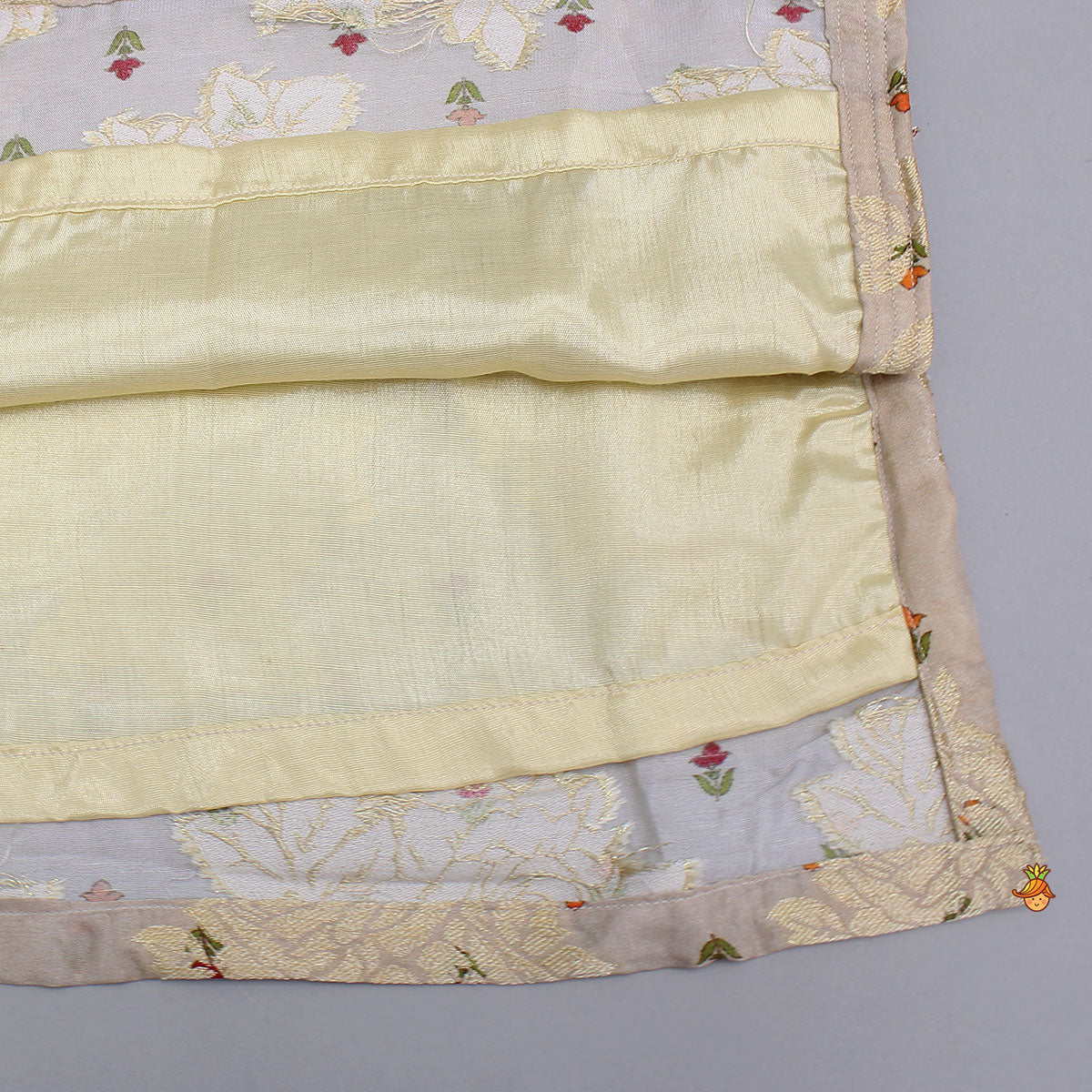 Pre Order: Potli Button-Detail Floral Brocade Gorgeous Kurti With Striped Sharara And Dupatta
