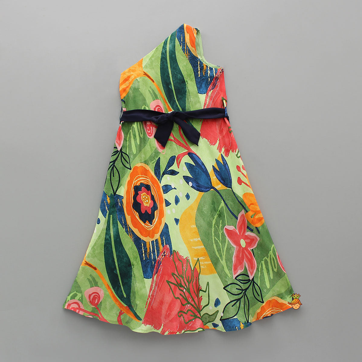 Pre Order: Exquisite One Shoulder Multicolour Printed Dress With Heart Embroidered Belt