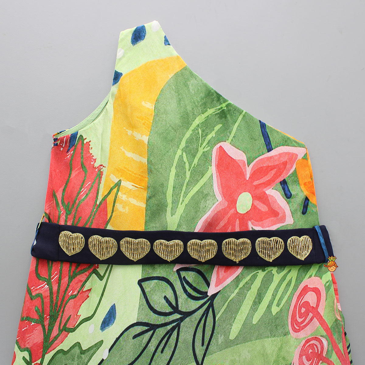 Pre Order: Exquisite One Shoulder Multicolour Printed Dress With Heart Embroidered Belt