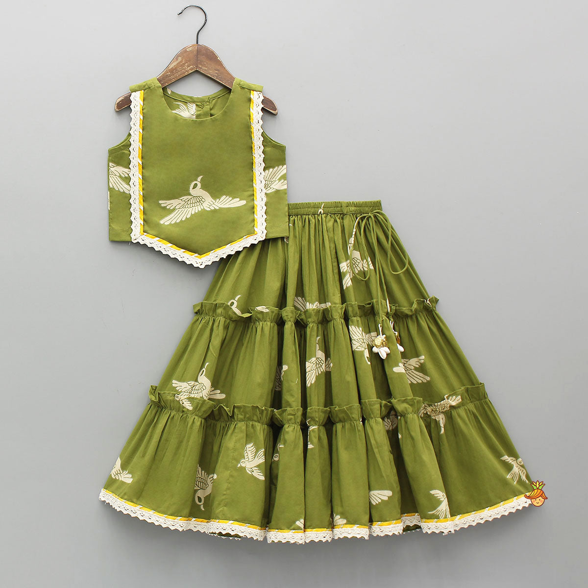 Pre Order: Bird-Printed Sleeveless Top With Tiered Lehenga