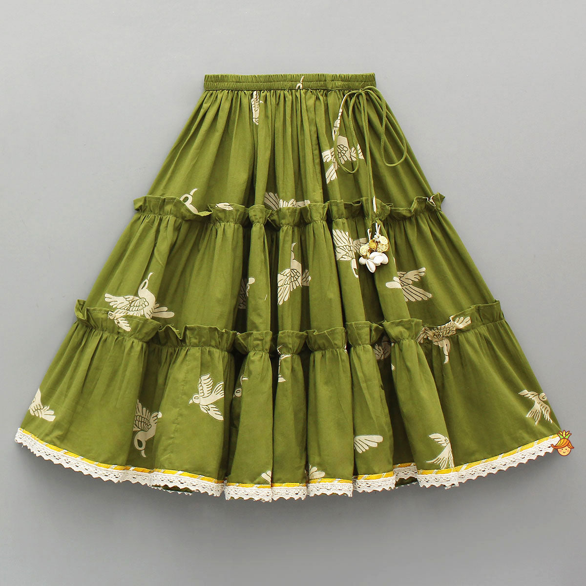 Pre Order: Bird-Printed Sleeveless Top With Tiered Lehenga