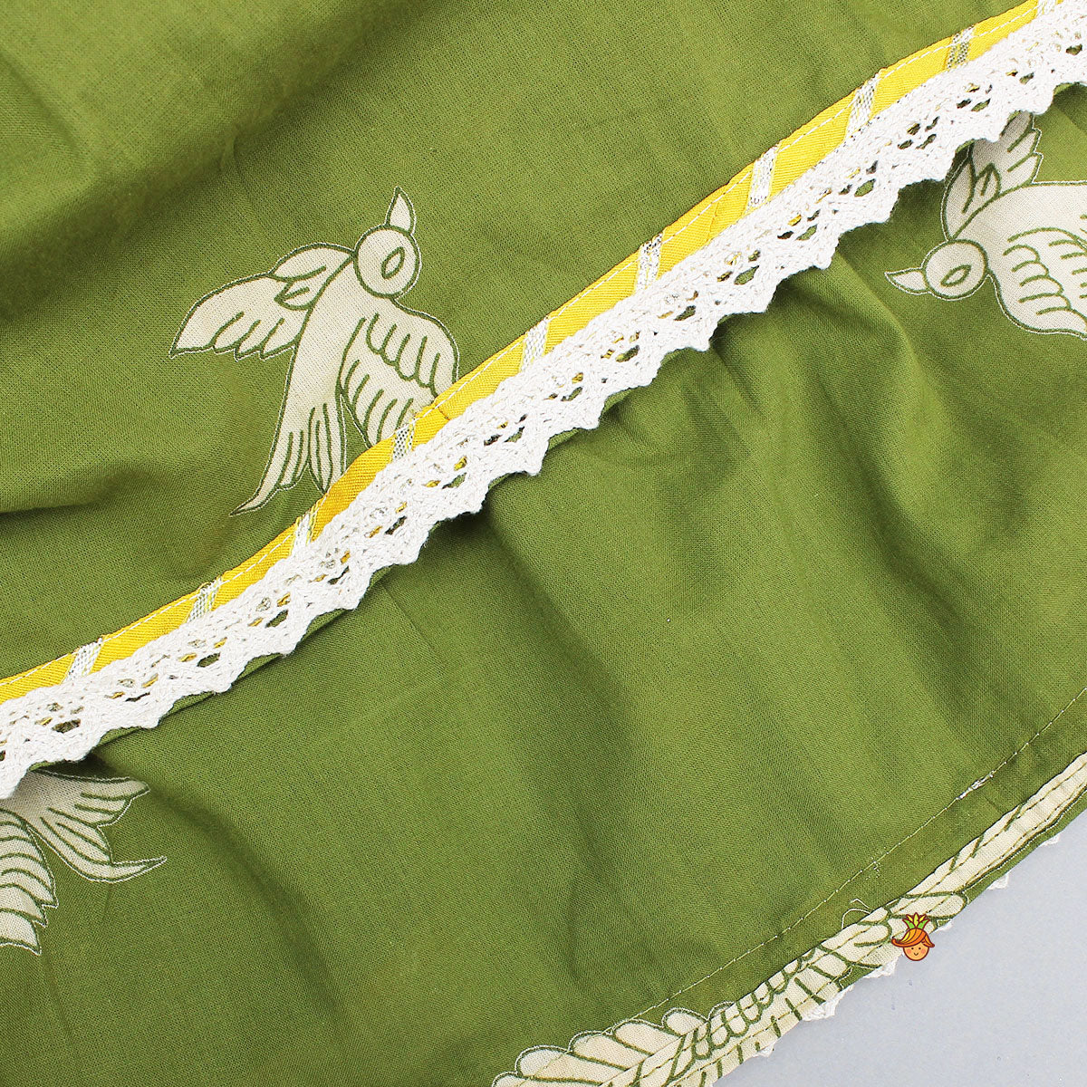 Pre Order: Bird-Printed Sleeveless Top With Tiered Lehenga