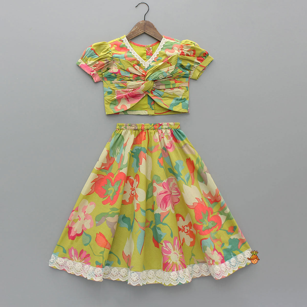 Pre Order: Floral Printed Knot-Designed Top And Lehenga