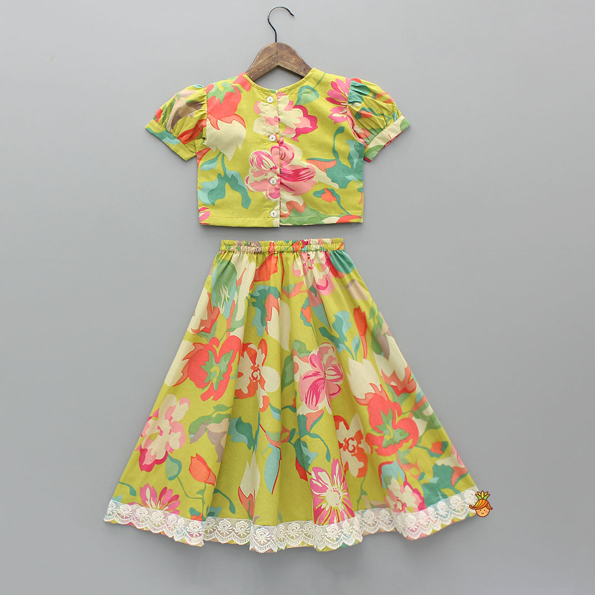 Pre Order: Floral Printed Knot-Designed Top And Lehenga