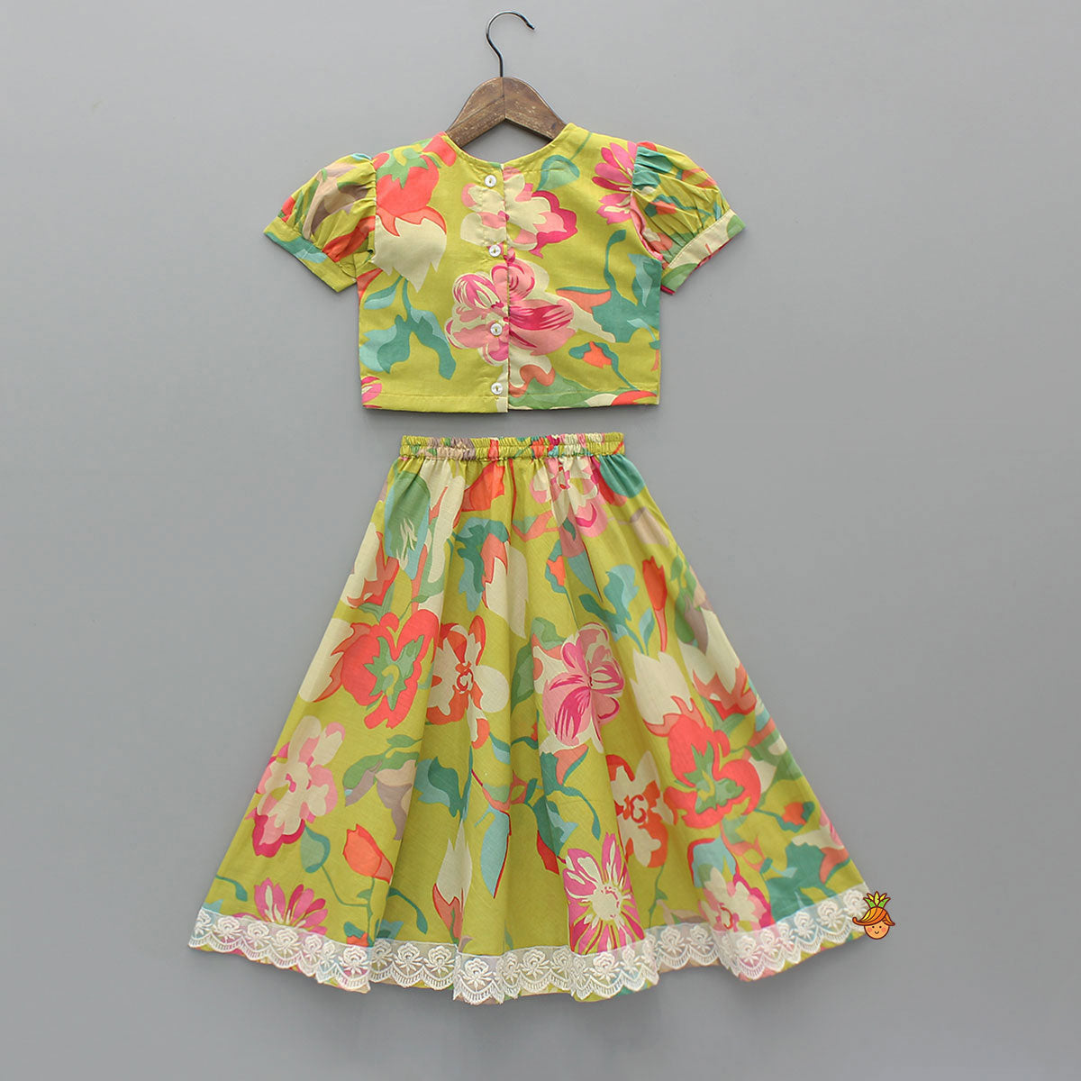 Pre Order: Floral Printed Knot-Designed Top And Lehenga