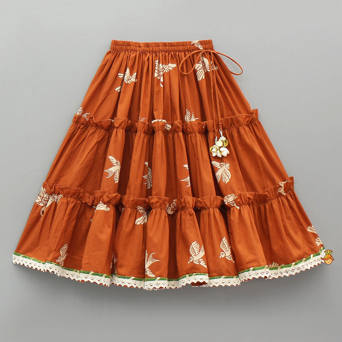 Pre Order: Bird-Printed Sleeveless Ethnic Top With Tiered Lehenga