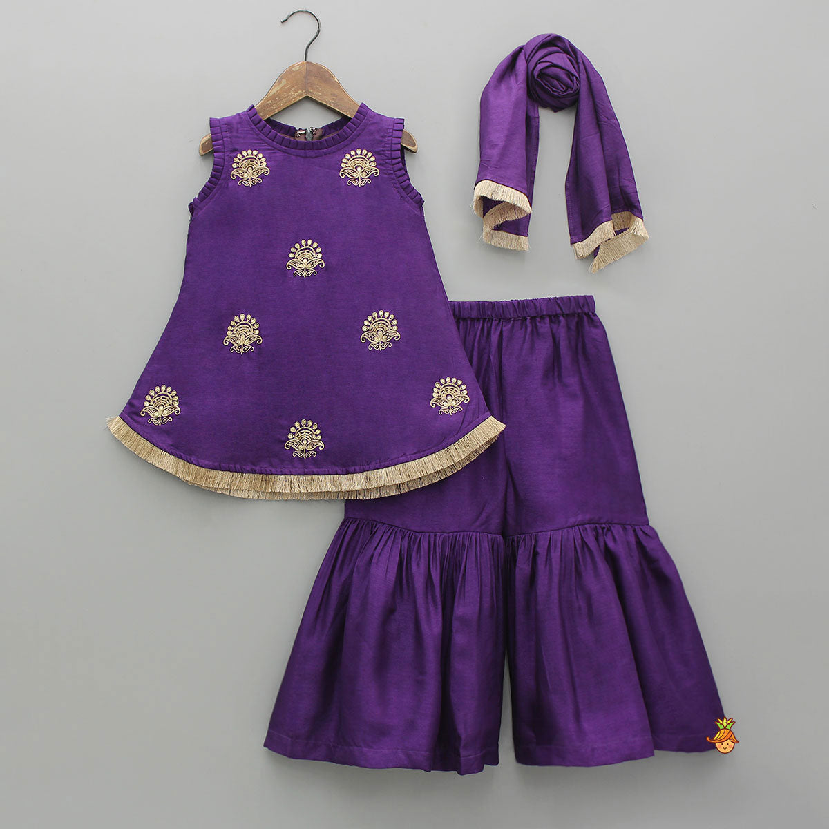 Pre Order: Sequin Embroidered Pleat Detailed Kurti With Sharara And Dupatta