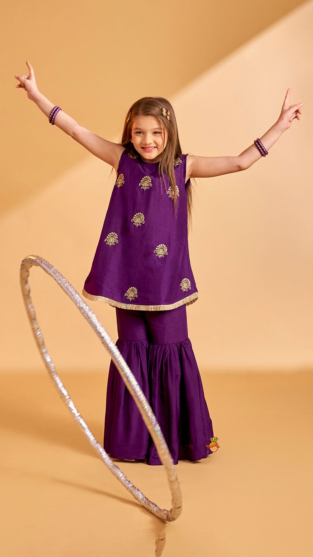 Pre Order: Sequin Embroidered Pleat Detailed Kurti With Sharara And Dupatta