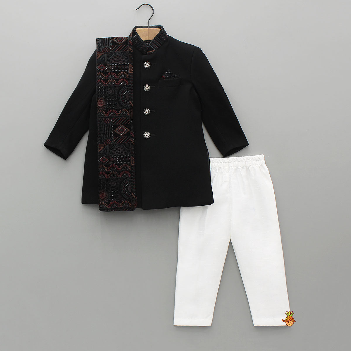 Pre Order: Embroidered Pocket-Square Sherwani With Pyjama And Shawl