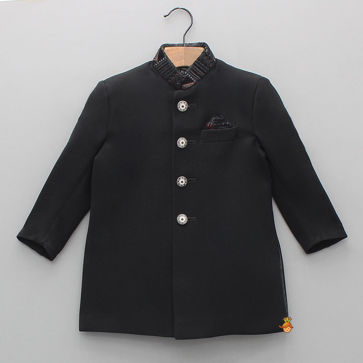 Pre Order: Embroidered Pocket-Square Sherwani With Pyjama And Shawl