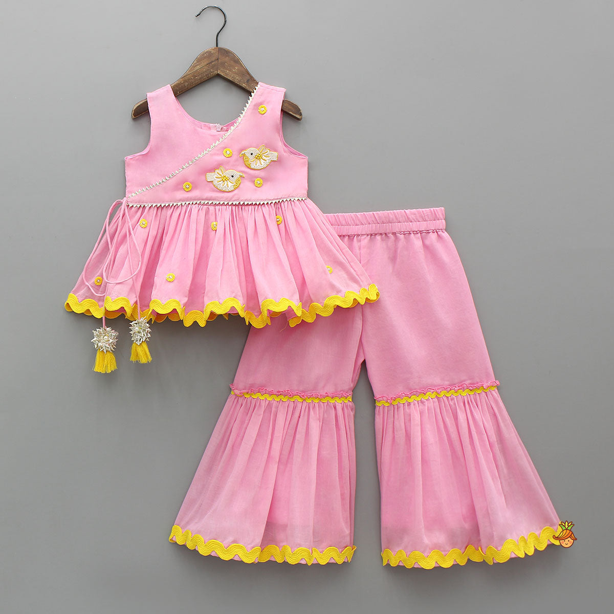 Pre Order: Intricate Bird Embroidered Top With Contrasting Lace Work Sharara