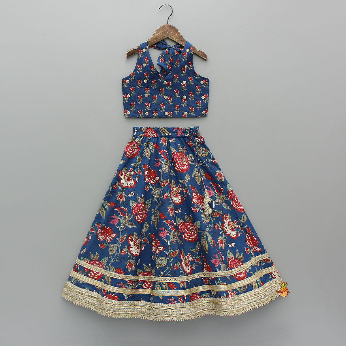 Pre Order: Floral Printed Halter Neck Cotton Top With Floral Printed Lehenga
