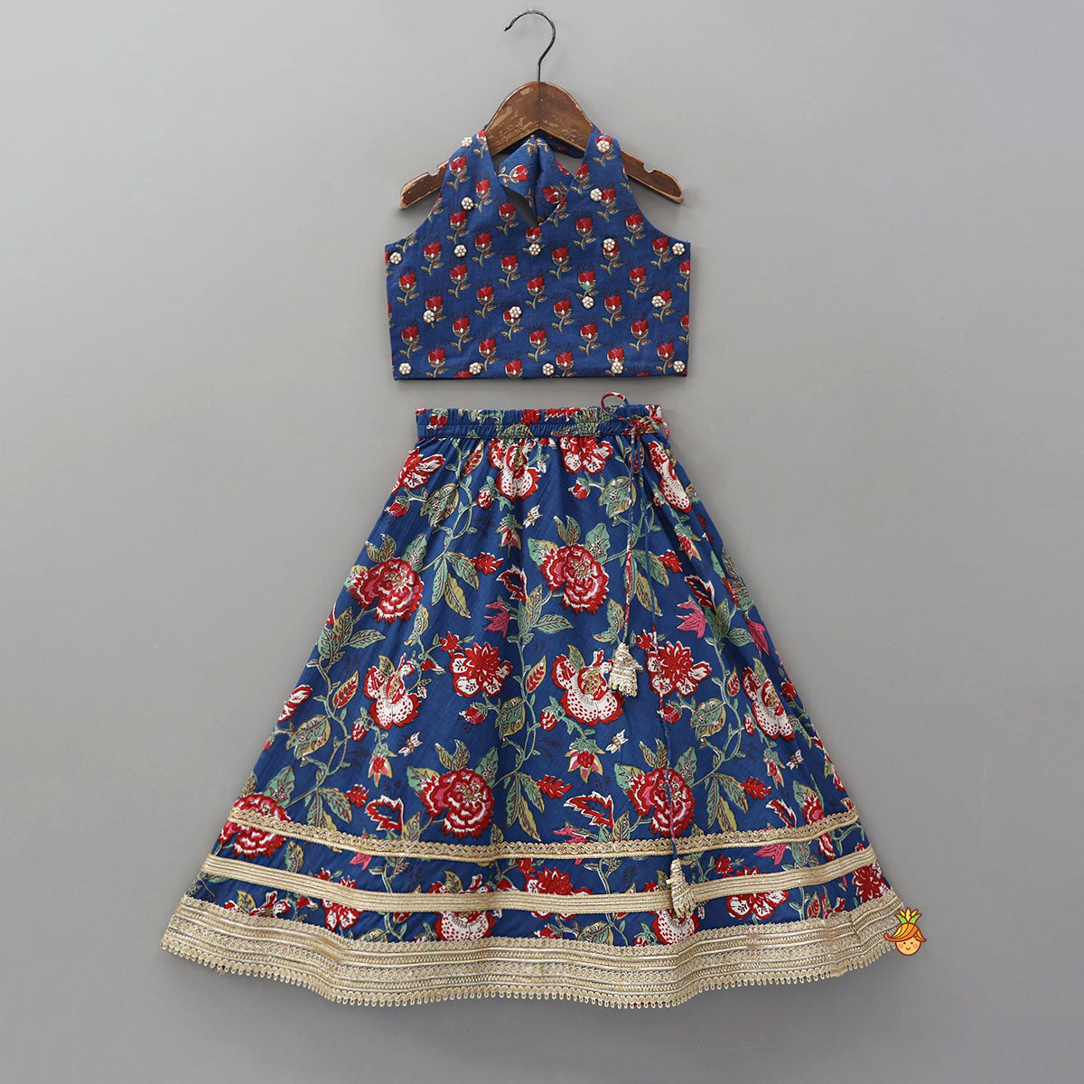 Pre Order: Floral Printed Halter Neck Cotton Top With Floral Printed Lehenga