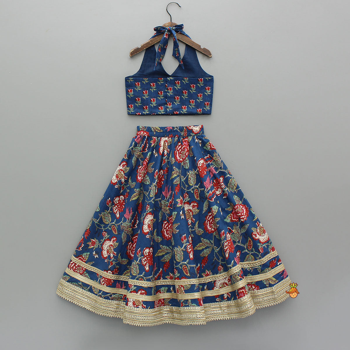 Pre Order: Floral Printed Halter Neck Cotton Top With Floral Printed Lehenga
