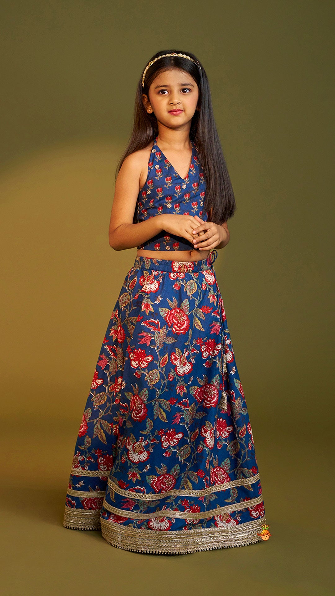 Pre Order: Floral Printed Halter Neck Cotton Top With Floral Printed Lehenga