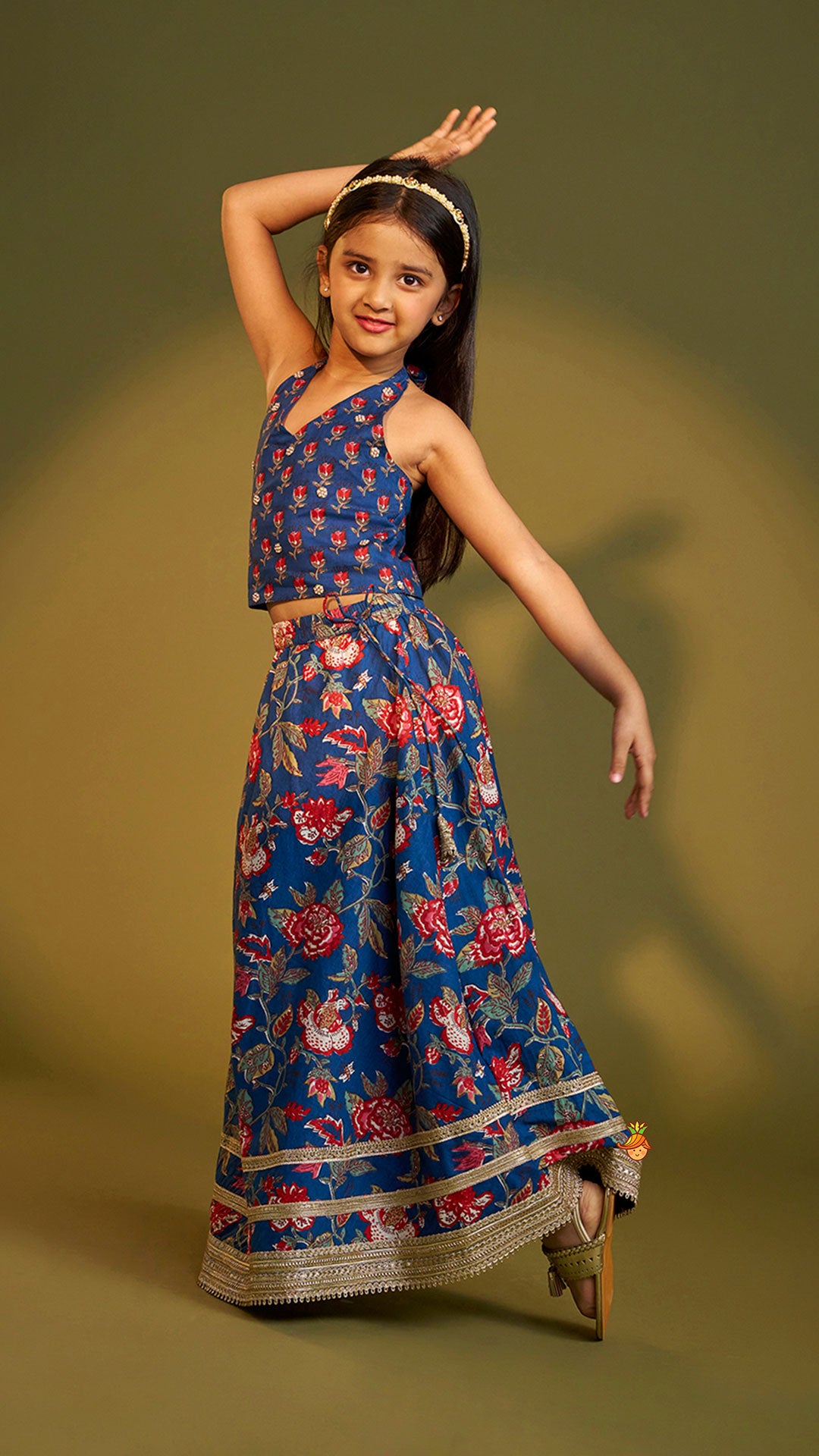 Pre Order: Floral Printed Halter Neck Cotton Top With Floral Printed Lehenga