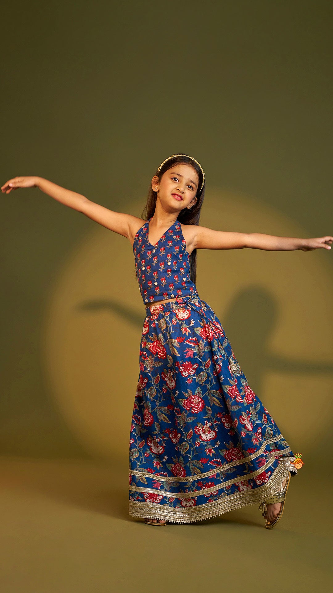 Pre Order: Floral Printed Halter Neck Cotton Top With Floral Printed Lehenga