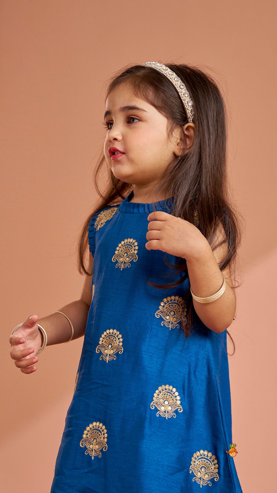 Pleat Detailed Zari Embroidered Kurti With Sharara And Dupatta