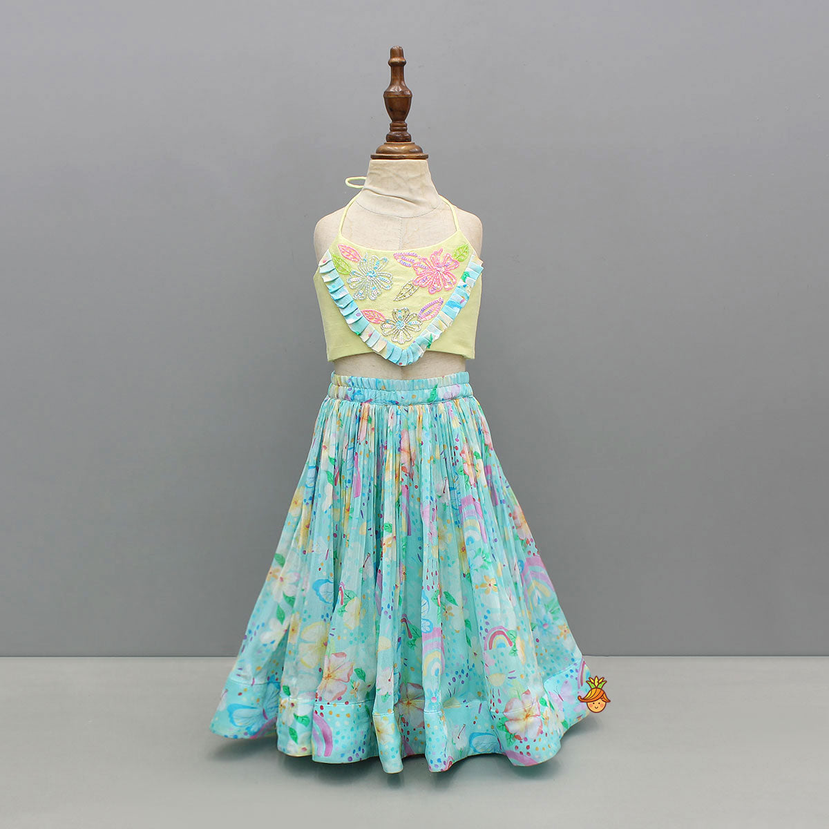 Cut-Dana Floral Embroidered Top With Printed Lehenga