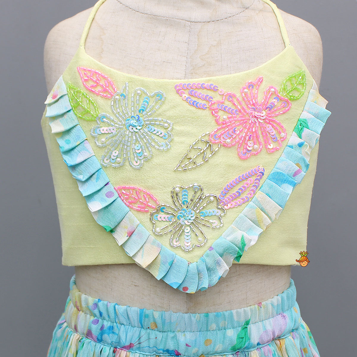 Cut-Dana Floral Embroidered Top With Printed Lehenga