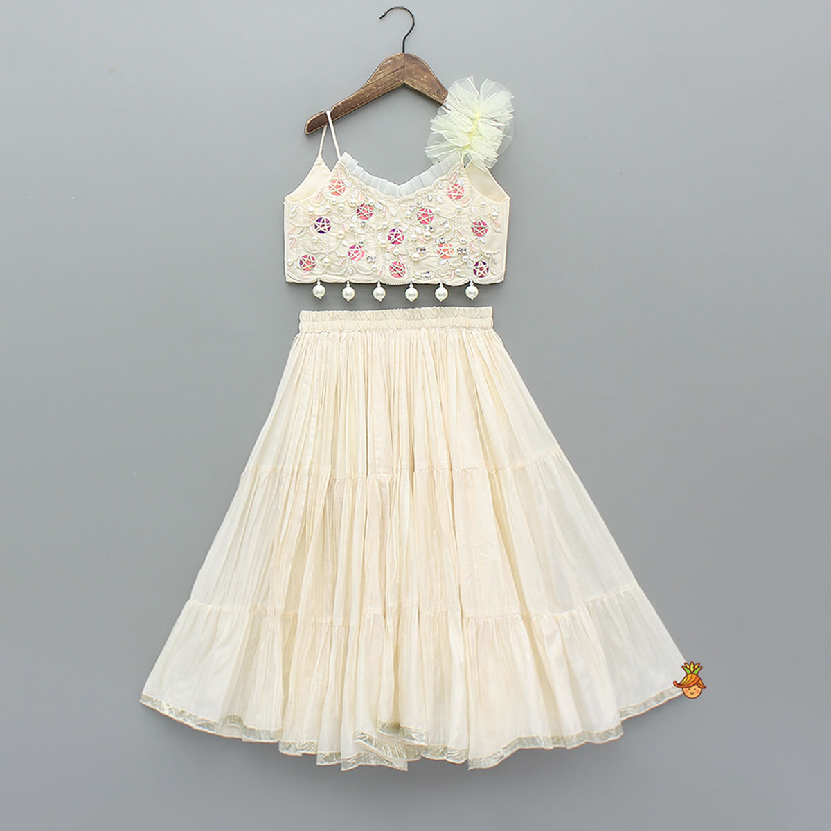 Intricate Embroidered Strappy Top With Elegant Tiered Lehenga